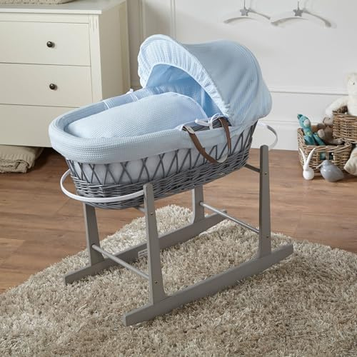 For Your Little One Wicker Moses Basket with Rocking Stand, 83 x 49 cm, Hand-woven Natural, Hypoallergenic Mattress Grey Wicker/Waffle Pattern (Blue)