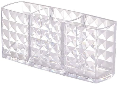 Clear Makeup Brush Organizer, Clear Acrylic Silverware & Pen Organizer Caddy, Pencil Holder Pen with 3 Compartments, Transparent Plastic Silverware Perfect for Office, Bedroom, and Bathroom Storage