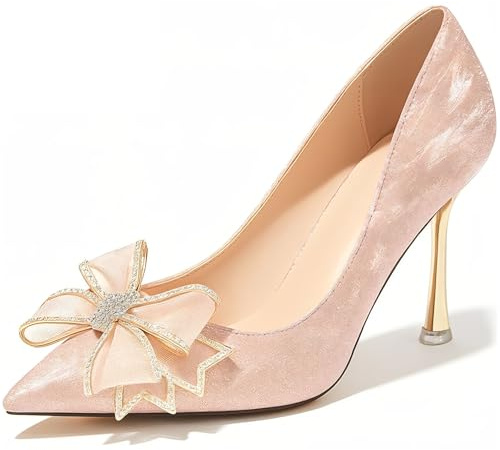 Dam Glitter Pumps Rosa Med Spetsig Tå Och Stilettoklack Med Dekorativ Rosett