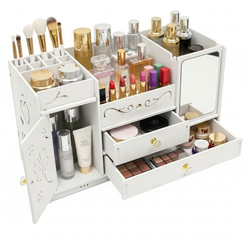 Suvnlsy Organizer per trucco con cassetti e porte, scatola per cosmetici in PVC impermeabile, grande organizer per trucco per camera da letto, bagno, gioielli, profumi, cura della pelle