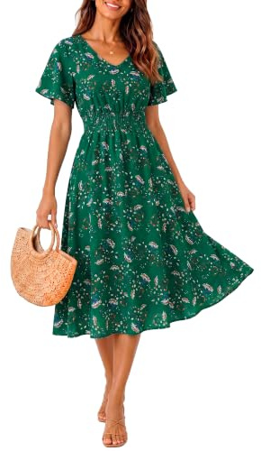 Timormode Summer Dresses for Women UK 2026 Floral V-Neck Short Sleeve Midi Dress Flowy Pleated Waist Casual Beach Dress TMQC027 SmallDarkgreenFlower M