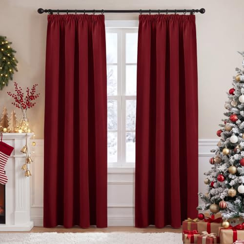 PONY DANCE Blackout Pencil Pleat Curtains, Red, W42 x L84 Inch, 2 Panels | Thermal Insulated Curtains with Noise Reducing & Privacy, Luxury Soft Window Treatment for Bedroom & Living Room