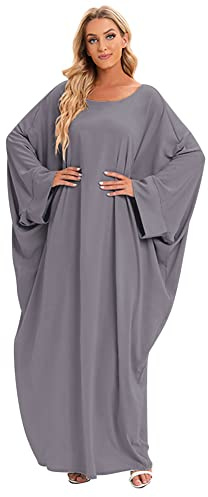 Robe Musulmane Femme Élégante - Soirée Partie Vintage Caftan Maxi Ethnique Moyen-Orient Arabe Mariée Prière Jalabiya Longue Jupe Abaya + Hijab Gris + Turban Taille Unique