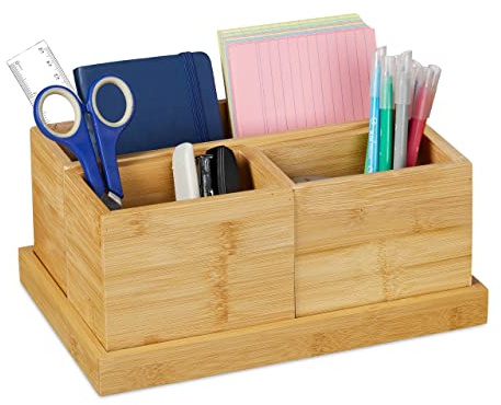 Relaxdays Schreibtisch Organizer, 4tlg. Set, Stiftehalter, Bambus Ablage, Tischorganizer für Büro Utensilien, Bad, natur