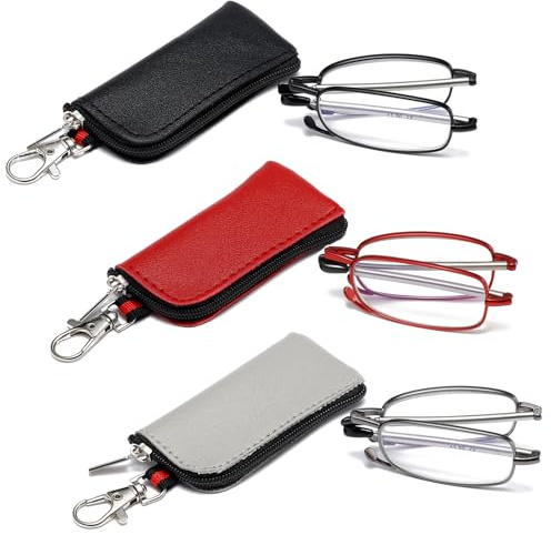 OWTXIS 3 paquete de gafas de lectura plegables para hombres y mujeres, llavero lectores compactos gafas de bolsillo portátiles de luz azul (negro, gunmetal, rojo, +2.00)