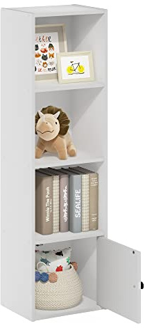 Furinno LUDER Book Shelf, 4-Tier Bookshelf, Bookcase with 1 Door Storage Cabinet, 9.3 x 12 x 41.8, for Living Room, Bedroom, Home Office, White
