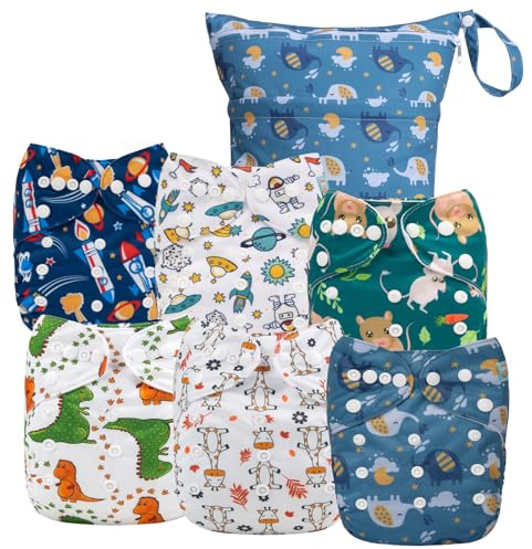 ALVABABY 6NKZ06 - Copri-pannolino in tessuto, 6 pezzi e 1 borsa bagnata, lavabile, riutilizzabile, con borsa multifunzionale, guscio per pannolini in tessuto prepiegato, piatto o aderente