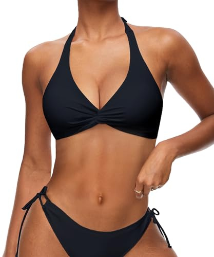 Navneet Parte Superior de Bikini de Tirantes Ajustables con Cuello en V Traje de baño Halter Sexy Top de Bikini Push Up Negro, XL