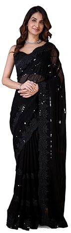 TRENDMALLS Women's Georgette Sequence Embroidery work Saree with Unstitch Blouse Piece (K1014-Black-)