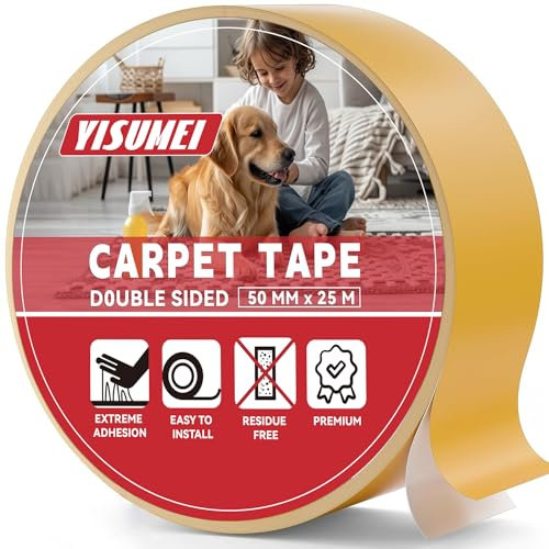 YISUMEI Heavy Duty Double Sided Carpet Tape -50mm x 25m - Extra Strong Rug Gripper for Carpets, Laminate & Hard Floors, No Residue Anti-Slip Adhesive