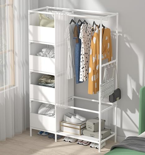 Armadio per Camera da Letto Armadio per Stoccaggio dei Vestiti con Tenda, Appendiabiti con Ganci Appendiabiti da Terra per Libreria Soggiorno Studio Ingresso Ingresso