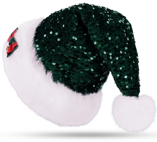 CITÉTOILE Cappelli di Natale adulti, scintillanti cappelli di Babbo Natale, unisex doppio strato cappello di Natale, cappelli di Natale con fiocchi, Dotato di campana, verde