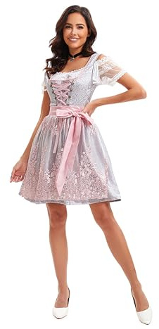 Velcoxplay Vestido Dirndl para mujer midi, vestido tradicional con encaje, moda tradicional tirolesa incl. blusa tradicional y delantal Dirndl, 3 piezas para Oktoberfest Carnaval, Rosa., M