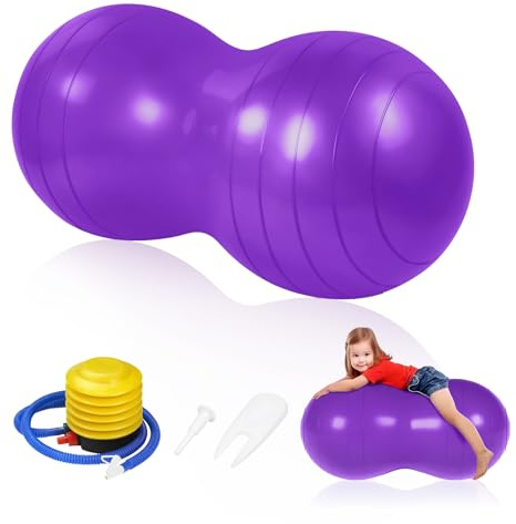 flintronic Ballon de Fitness Cacahuète, Balle d'arachide pour Enfants, Ballon d'exercice de Yoga avec Pompe Pied Gonflable, Anti-Explosive, pour Yoga, Pilates, Thérapie, Grossesse - 90x45cm|Violet