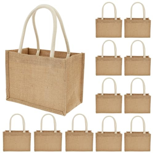 Fyeme Juego de 12 bolsas de yute con asas de transporte, 23 x 11 x 16 cm, bolsas de yute, pequeñas, impermeables, reutilizables, plegables, para damas de honor, bolsas de regalo, bolsas de la compra,