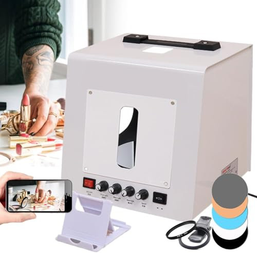 Softbox regulable para fotografía de joyas/caja de luz para estudio fotográfico de productos de joyería con plato giratorio de 360° y soporte para colgar, con 5 fondos de PVC y 4 luces de relleno