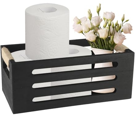 Gzsekken Toilet Roll Basket, Black Storage Basket for Bathroom Toilet Tank Roll Toiletries Organiser Wood Tray for Bath Accessories Organisation Décor
