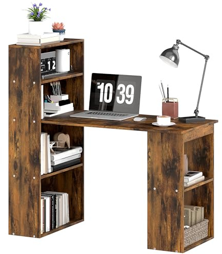 HOMCOM 120cm Modern Computer Desk Bookshelf Study Table Workstation PC Laptop Writing Home Office 6 Shelves, Rustic Brown Wood-Effect