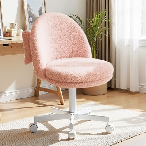 COMHOMA hemmakontorsstol, sminkstol, skrivbordsstol utan armstöd, snurrstol med ryggstöd, bekväm kontorsstol på hjul, höjdjusterbar hemmakontorsstol, fleece rosa