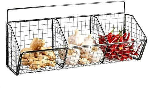 ZoeQide Wandkorb Metall mit 3 Fächern – Drahtkorb Wand für Gemüse Aufbewahrung – Metallkorb hängend ohne Bohren – Hängekorb Küche & Küchen Organizer für Zwiebel Aufbewahrung und Vorräte