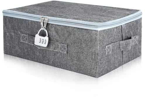 GUOYIHUA Caja de almacenamiento con tapa de tela, caja con cerradura, caja plegable con asas, caja con cerradura, caja de tela plegable para ropa, juguetes, ropa de cama, gris, (30 x 20 x 14 cm)