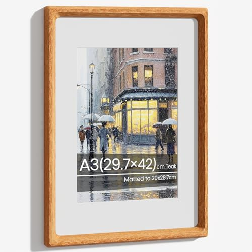 A3 Picture Frame, Natural Solid Teak Wood A3 Photo Frame, Handcrafted A3 (30x42 cm) Frame with Mount for 20x28.7 cm, A3 Poster Documents Certificate Frame with Tempered Glass for Wall Hanging