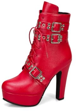 Bottines Femmes avec Ceinturons À Boucles Cloutées Lacets Plateformes Talons Hauts Bout Rond Cuir Faux Bottes De Fête Punk De Mode,Rouge,43 EU
