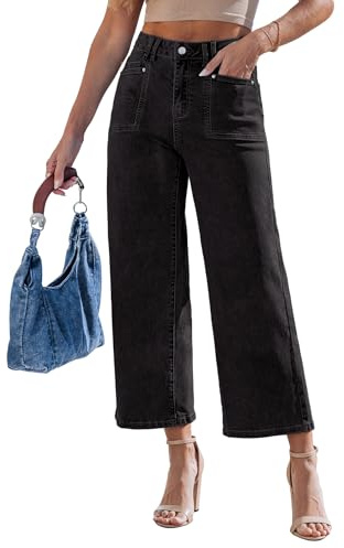 luvamia Wide Leg Jeans Woman Cropped Trendy Patch Pocket High Waisted 2026 Baggy Loose Straight Leg Stretchy Denim Pants True Black Wide Leg Jeans for Women True Black Size Medium Fits US Size 8-10