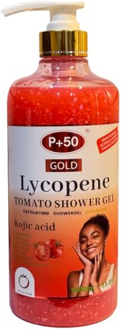 P+50 Gold Tomato Brightening & Exfoliating Shower Gel 1000ml – With Kojic Acid, Lycopene & Q10 – Radiance Boosting Body Wash for Smoother, Even Looking Skin