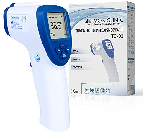Mobiclinic®, Thermomètre digital sans contact to-01, Frontal, Marqur européenne, Laser, Infrarouge capteur, Alarme de fièvre, Lcd écran, Bleu