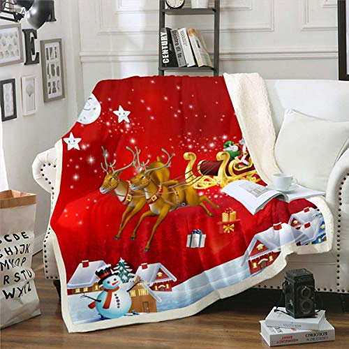 Santa Claus Deer Snowman Printed Sherpa Fleece Throw Blanket for Kids Boys Girls - Xmas Plush Fuzzy Blanket for Sofa Bed Couch, Single 50x60 Inch