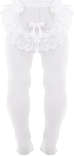 AQUILONE Collants Primizia Cotton, Chaussettes pour bébé, Collants pour bébé couvrants, collants pour fille en fibre de coton avec dentelle et nœud, collants de cérémonie de baptême - Made in Italy, 1