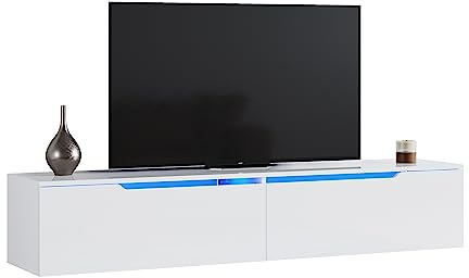 SONNI Lowboard, TV-Schrank Weiß, Hochglanz hängend, 160x35x30cm, Fernsehtisch mit LED-Beleuchtung(12 Farben können eingestellt Werden), Fernseherschank, TV-Regal, Griffloses Design. GTV009W-160-1
