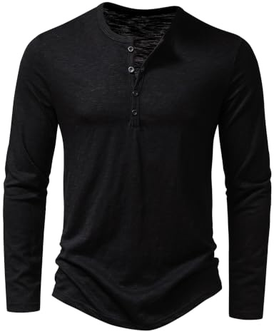 Men's Casual Grandad Collar Henley T Shirt Muscle Fit Summer Smart Long Sleeve 4 Buttons Tee Slim Fitted Collarless Polo T-Shirts Tops-Z-Black-XL