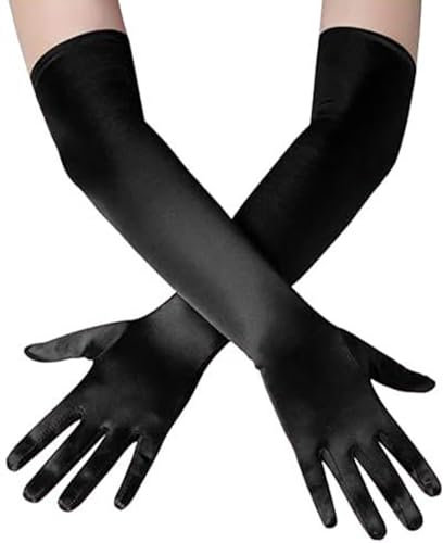 Loiluliy Satin Handschuhe Lang, 1 Paar Handschuhe Damen Elastic Classic Abendhandschuhe Seidenhandschuhe 1920er Style Black Gloves für Oper, Maskerade, Cosplay-Kostüme, Halloween-Party