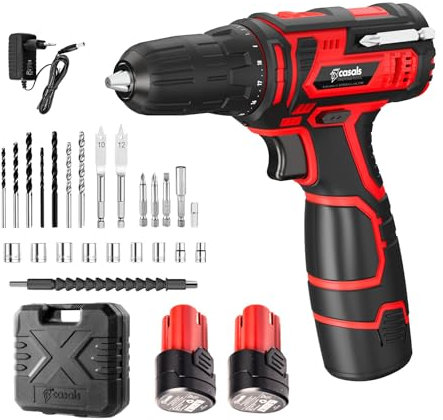 Casals - Taladro Atornillador Percutor 12V |1400 RPM| 2 Baterías |2.0 Ah Batería Larga Duración | Gatillo Electrónico | 15 Brocas + 9 Llaves + 2 Puntas + Eje Flexible + Adaptador Hexagonal + Maletín