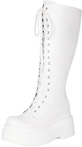Gicoiz Femme Plateforme Mode Knee High Military Gothic Bottes Boucle Strappy Bout Rond Hiver Compensées Combat Biker Punk Booty Zip Blanc Taille 40 EU-41Cn