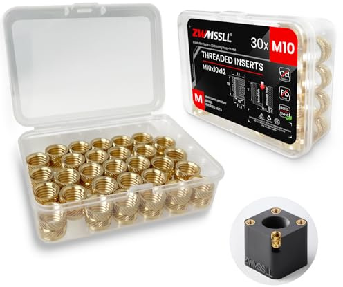ZWMSSLL M10 Threaded Inserts-30 Pieces M10x10x12 Heat-Set Insert Brass Knurled Nuts Big Size for 3D Printing Components and Plastic Parts