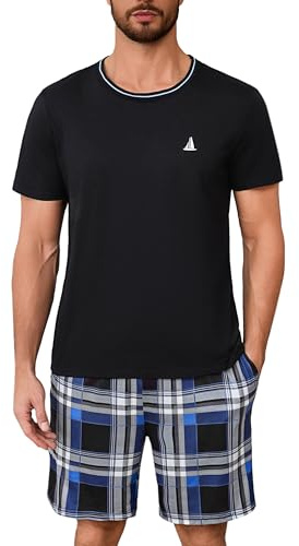 Jahetuul Pijama Hombre Algodon Conjunto de Pijama Corto con Pantalón Corto a Cuadros Pijamas Hombre Verano con Bolsillos Ligero Suave y Cómodo para Casa