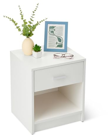 Amazon Basics Table de Chevet, Table de Nuit à 1 Tiroir, Armoire de Chambre, Blanc, 47 x 40 x 36cm