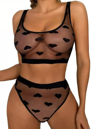 PARUPRUP Women's Sexy Lingerie Set 2 Pieces Sheer Mesh Love Heart Print Bra Panty Underwear See Through Naughty Babydoll Lingerie (Black, M)