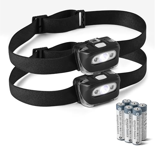 Amazon Basics Lampada Frontale LED con 7 Modalità di Illuminazione - Luce da Camping Regolabile con Luce Rossa di Sicurezza - Torcia Resistente all'Acqua - Batterie Incluse - Nero - Set da 2