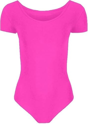 ANZEE Girls Short Sleeve Ballet Leotard - Stretchy Dance Bodysuit for Gymnastics Ballet Comfortable Performance Wear for Active Kids (Neon Pink, 11-12 Years)