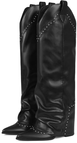 EQAUDES Women Black Shark Leather Tall Slouchy Boots Fall Knee-High - Fold Over,Studded,Cowboy Cowgirl,Snip Toe,Pull on,Chunky,Long Boots,Trendy Dress