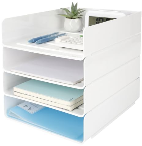 Otauoaea 4 Bandejas Oficina Apilables, Blanca, Plástico Pet A4 | Organizador Escritorio, Portadocumentos A4, Para Papeles, Documentos, Folios, Material Oficina