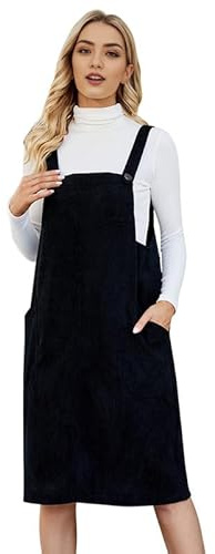 Runstarshow Corduroy Pinafore Dresses for Women UK Ladies Casual Sleeveless Overall Dress with Pockets Loose Fitting Autumn Winter Clothes Plus Size 8-18 (XS-XL) Black
