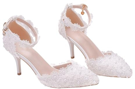 CALLARON Zapatos de Boda de Encaje Flores Tacón Fino de 75 CM Punta Fina Color Talla 37 Calzado para Vestido de Novia Elegante y Cómodo para Ceremonias