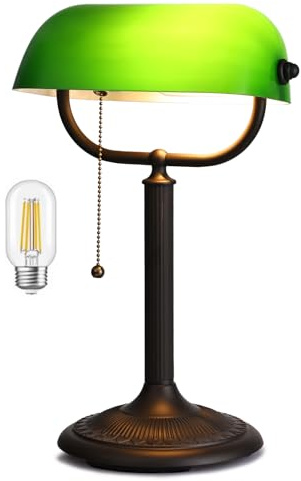 Newrays 1-Minute Quick-Change Shade Antique Green Glass Bankers Desk Lamp for Study, Office, Library,LED Bulb Included