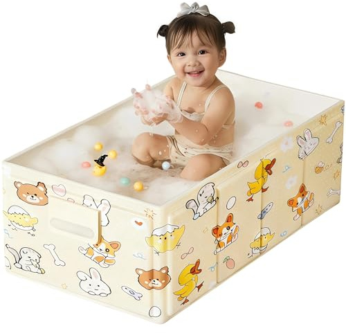 Foldable Baby Bathtub with Cute Animal Print, Portable Infant Bath Tub ，31.5x17.7x9.8 Inch Expanded (Yellow)
