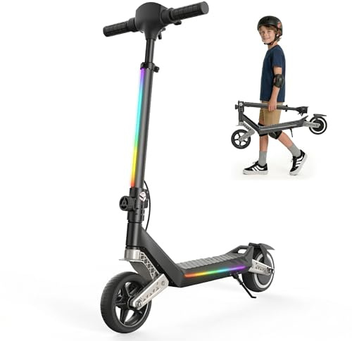 Kid Electric Scooter, Teenage Kickscooter Toy Gift For Ages 6 To 12 Years Adjustable Height Folding Ride With 150W Motor 21.6V Battery 6.5Inch Solid Wheel Max 10mph 70kg Load, Black
